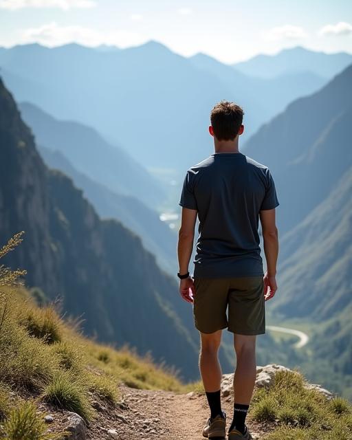 A man wearing hiking shorts and a performance shirt from the Trailblazer Series, looking over a valley.