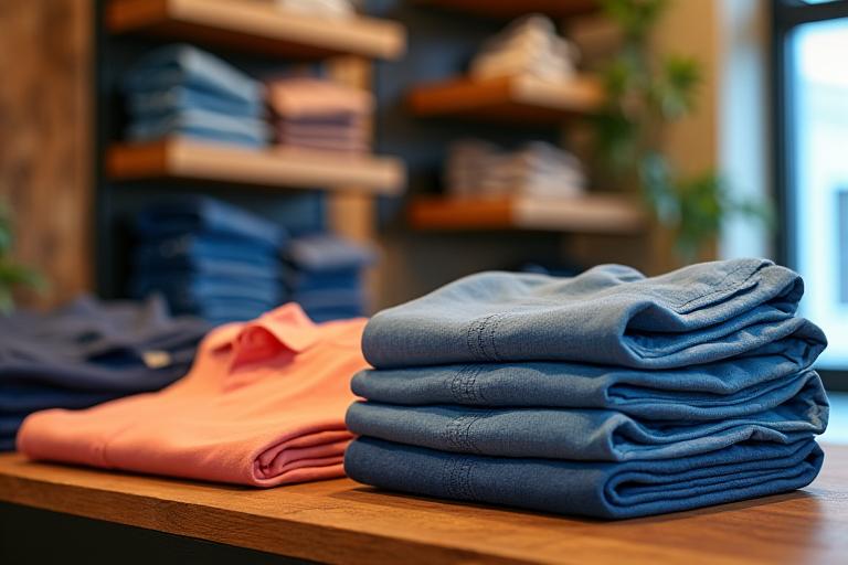 A neat display of folded Outback Vigor Co. shirts and shorts in a boutique retail setting.
